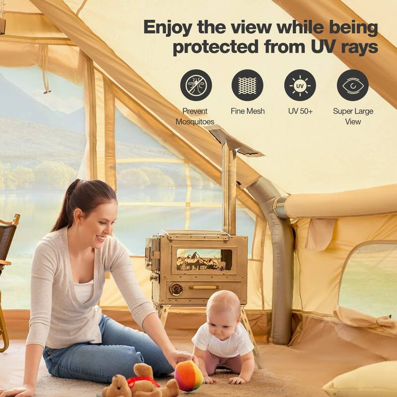 Erommy Inflatable Camping Tent, Glamping Tents 4 Season Waterproof Windproof Cotton Tent with Stove Jack & Mesh Windows & Pump