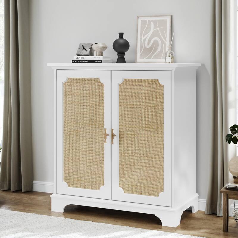 Roomfitters Coastal Storage Cabinet with Rattan Decorated Doors, Boho Sideboard Organizer with Adjustable Shelf, White