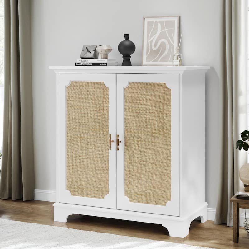 Sideboard Cabinet with Rattan Doors, Multifunctional Kitchen Storage Cabinet, Console Table with Shelf & Solid Wood Legs
