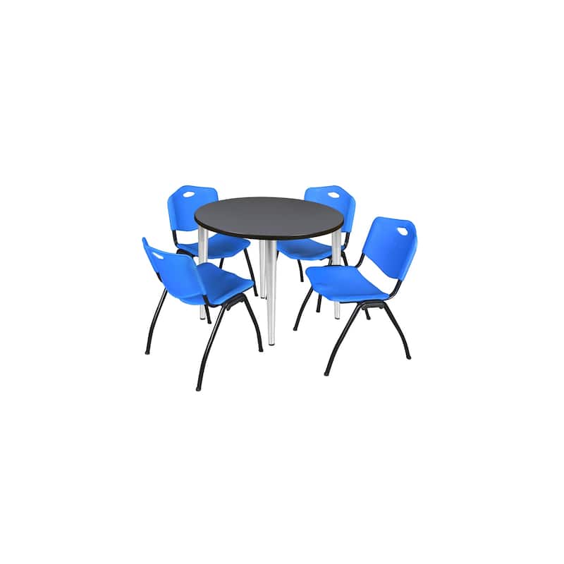 42 in. Round Breakroom Table- Grey Top, Chrome Base & 4 M Stack Chairs- Blue