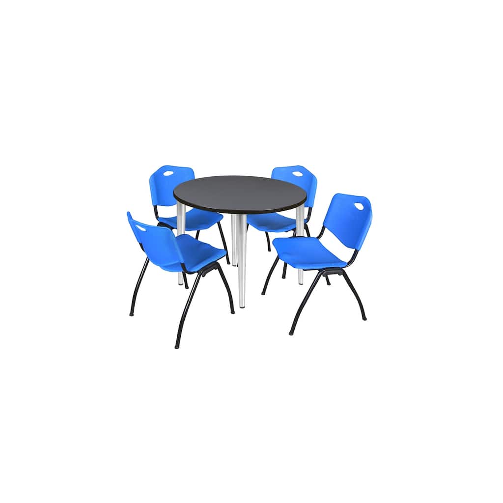 42 in. Round Breakroom Table- Grey Top, Chrome Base & 4 M Stack Chairs- Blue