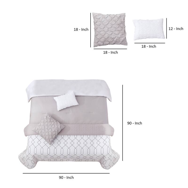 8 Piece Full Size Fabric Comforter Set with Geometric Prints,White and Gray