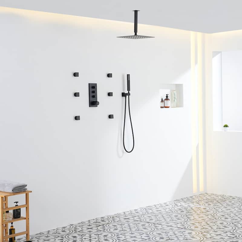 3 Functions 12 Inch Ceiling Mounted Thermostatic Shower System in Matte Black