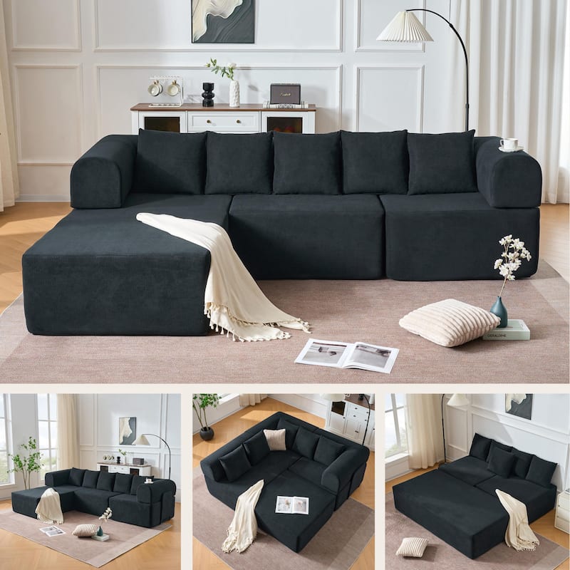 GDFStudio - 4-Seat Modular L-Shaped 106" Sectional Sofa with Movable Chaise & 5 Pillows - Black
