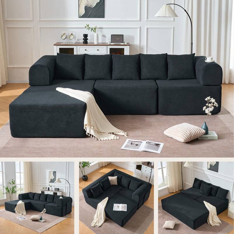 Modular Chaise Sectional Sofa, Convertible Velvet Compressed Couch with Removable Armrests, Iron Frames and Non-slip Pads
