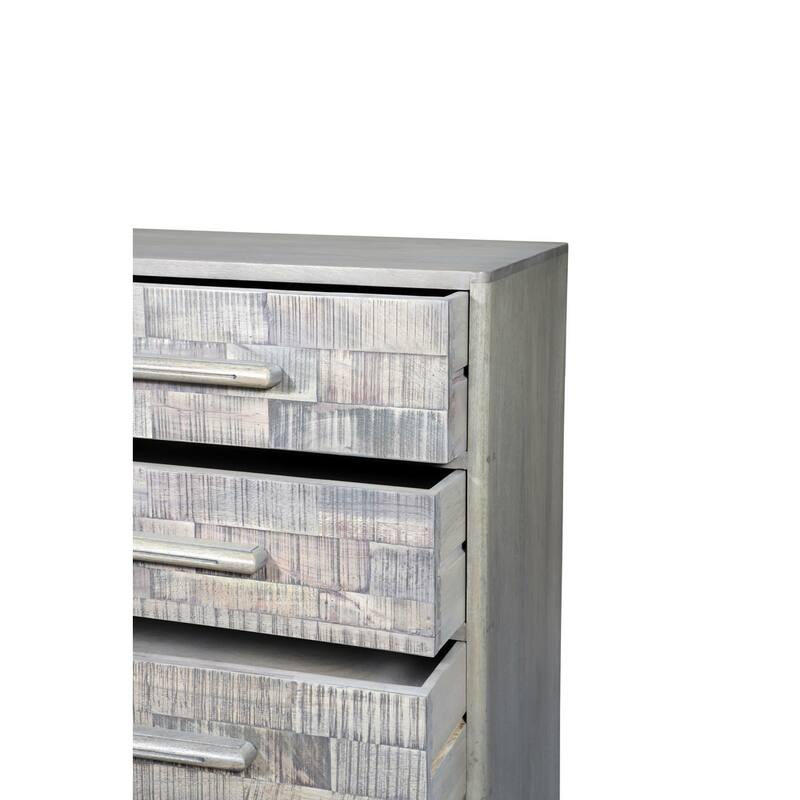 HomeRoots 35" Gray Carved Geometric Solid Wood Five Drawer Dresser