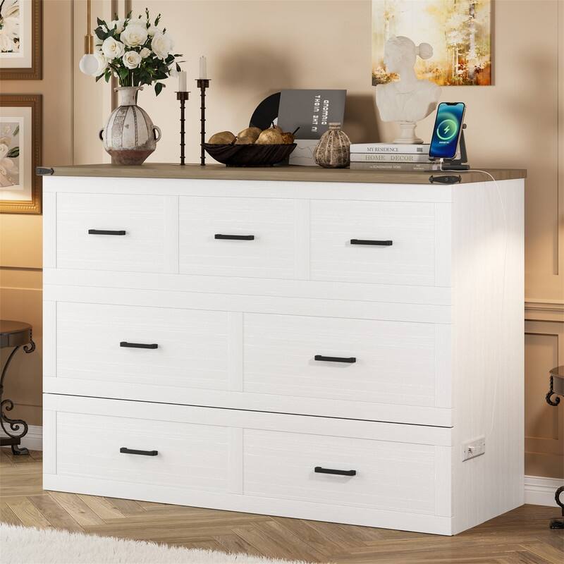 Full/Queen Size Murphy Bed Wall Bed with 1 Large Storage Drawer, Foldable Murphy Cabinet Bed with USB Charging Station