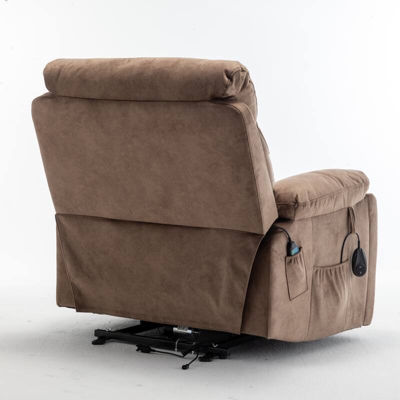 Brown Power Lift Recliner with Massage, Lumbar Heating, Silent German Motor, Luxurious Goose Down Fabric, and Cup Holders