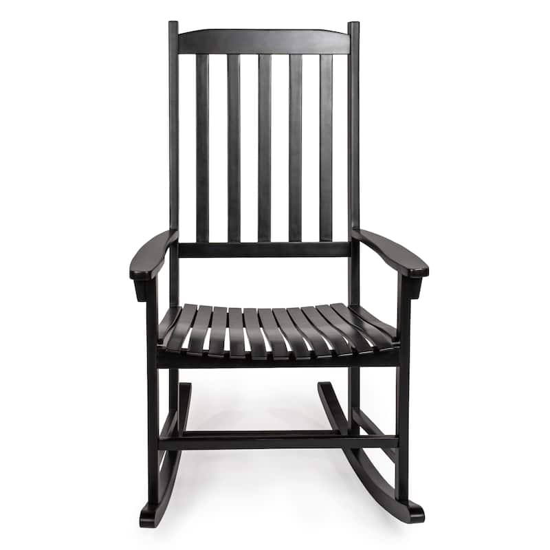 Parker Farmhouse Classic Slat-Back 350-LBS Support Acacia Wood Outdoor Rocking Chair, by JONATHAN Y - Black