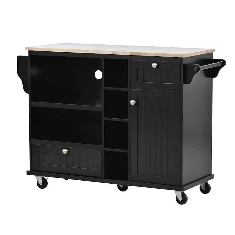 Rubberwood Kitchen Cart with Microwave Storage Rack, Exterior Shelves, and Two Drawers