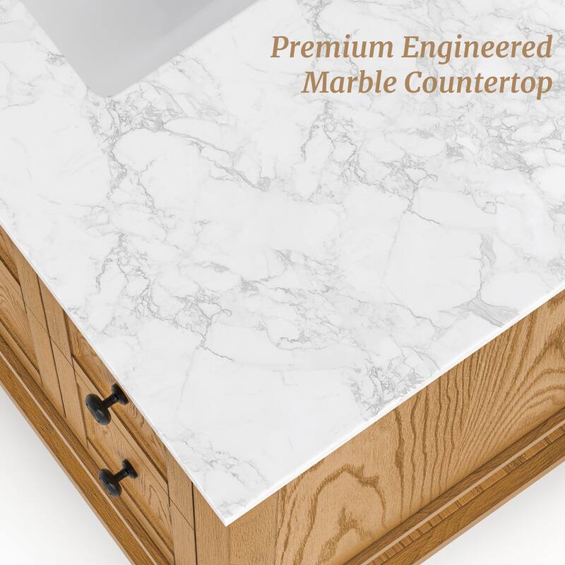 48 Inch Single Bathroom Vanity with 6 Drawers, Marble Top Bathroom Vanity with Sink in White