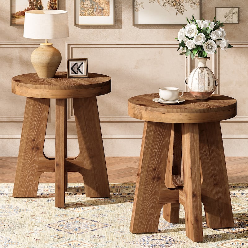 Round Solid Wood End Table, Couch Side Bedside Accent Table for Bedroom Living Room