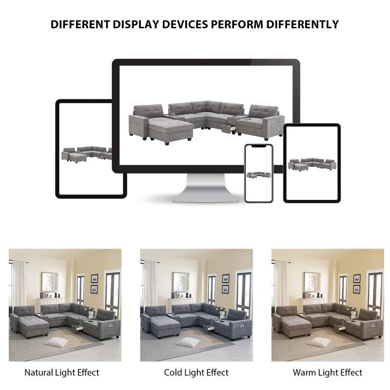 104" Chenille U-Shaped Sectional Sofa with Acrylic Table Tops 2 Consoles Storage Drawers USB Charging Movable Ottoman
