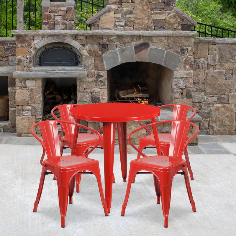 30'' Round Metal Indoor-Outdoor Table Set with 4 Arm Chairs - Red