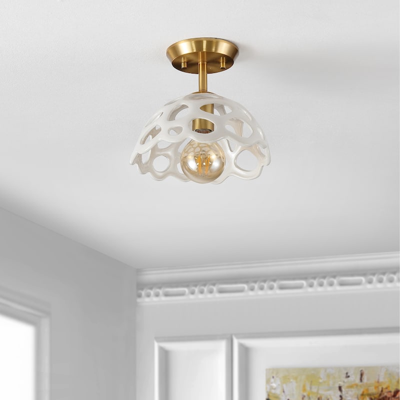 SAFAVIEH Lighting Madelene Flush Mount - 10" W x 10" D x 8" H - Brass Gold/White Shade - 10Wx10Dx8H