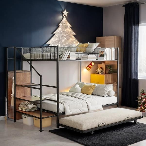 slide 2 of 12, Artsy Twin Over Full Metal Bunk Bed, Versatile Bed Configuration with Trundle and Lateral Storage Ladder and Wardrobe, Black Black