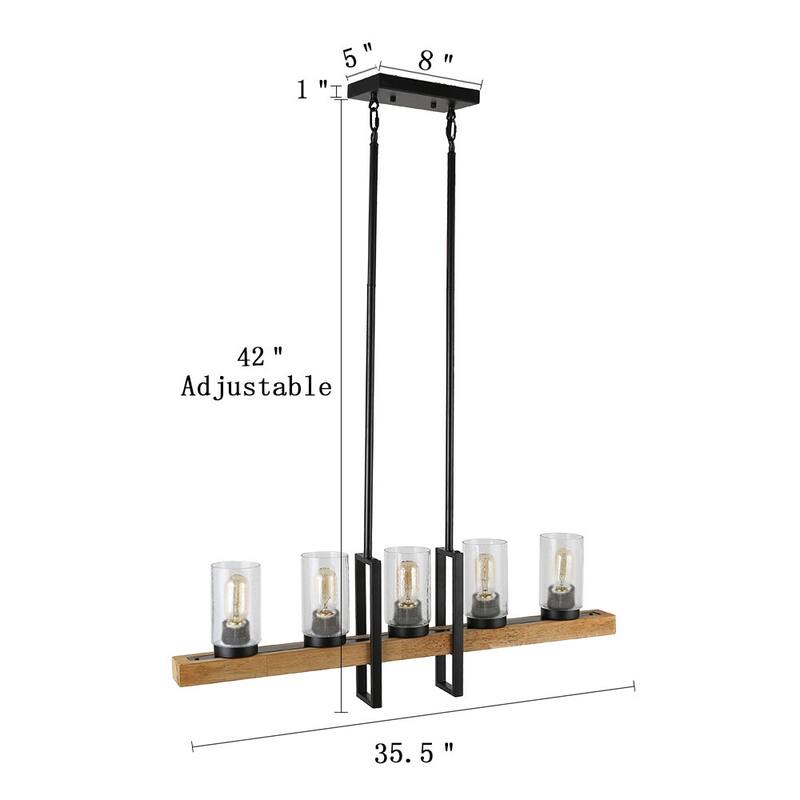 Anmytek Metal Wood Chandelier Rustic Hanging Edison Pendant Light Ceiling 5 Lights for Dining Room