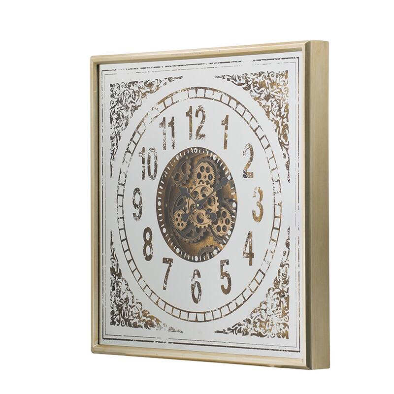 32 Inch Wall Clock, Decorative Gear Design, Square, Iron, White and Brown
