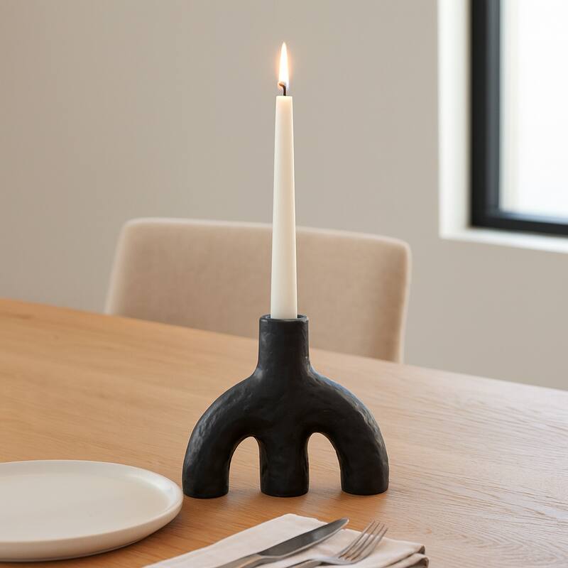Textured Creamic Taper Candle Holder with Double Arched - Black