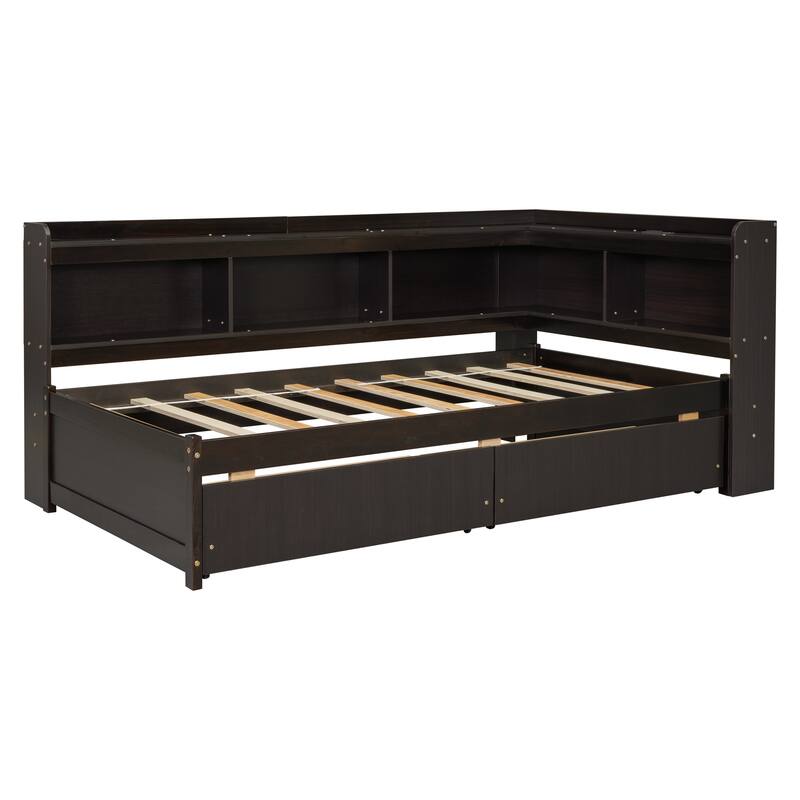 Twin Size Bookcass Bed w/ Power Outlets, USB Ports,2 Drawers,L-shaped