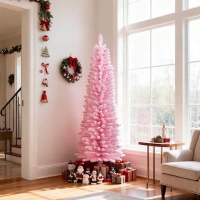 5/6 FT Unlit Slim Pencil Christmas Tree Pink Artificial Xmas Tree