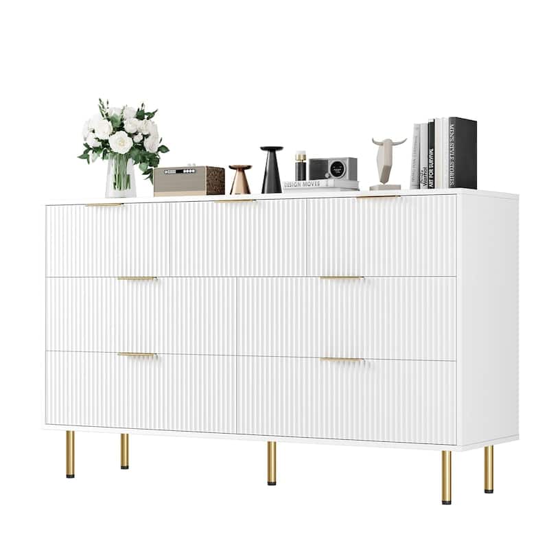 7 Drawer Fluted Dresser for Bedroom, Modern Wooden Storage Chest with Gold Handles