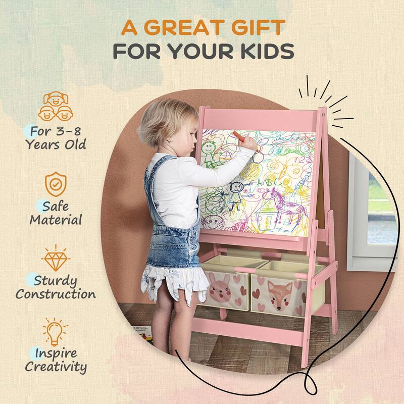 Qaba Art Easel for Kids with Paper Roll, Blackboard, Whiteboard