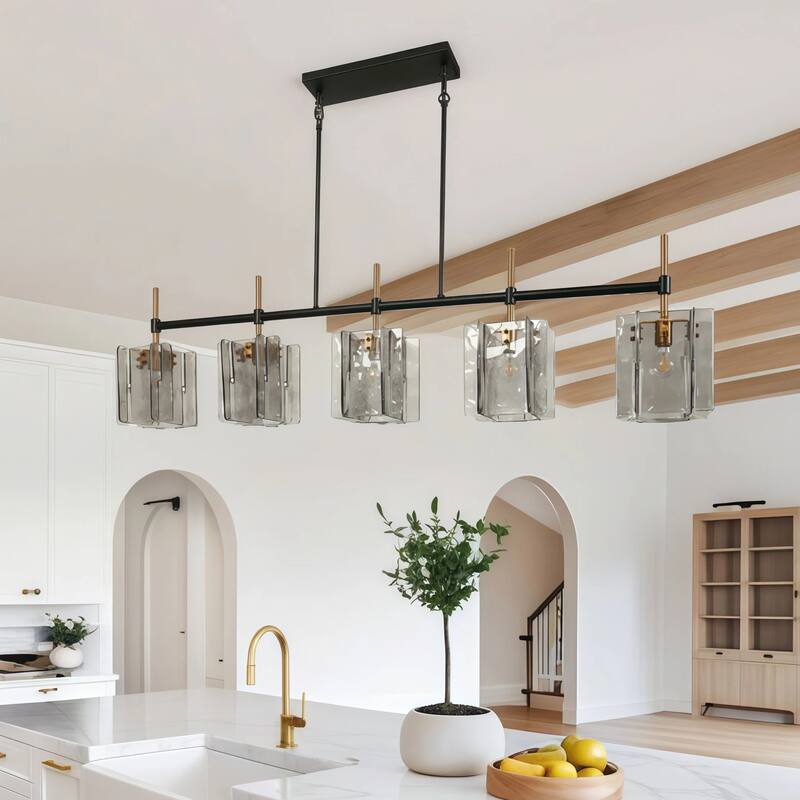 Kasy Modern 5-Light Smoky Textured Glass Chandelier Oversized Kitchen Island Light for 8-10 Dining Sets