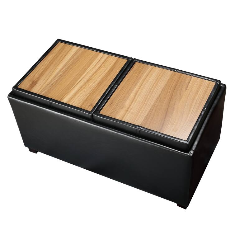 Adeco Rectangle Faux Leather Storage Ottoman with Dual Flip-Top Trays - 31.1"X15.4"X15.7