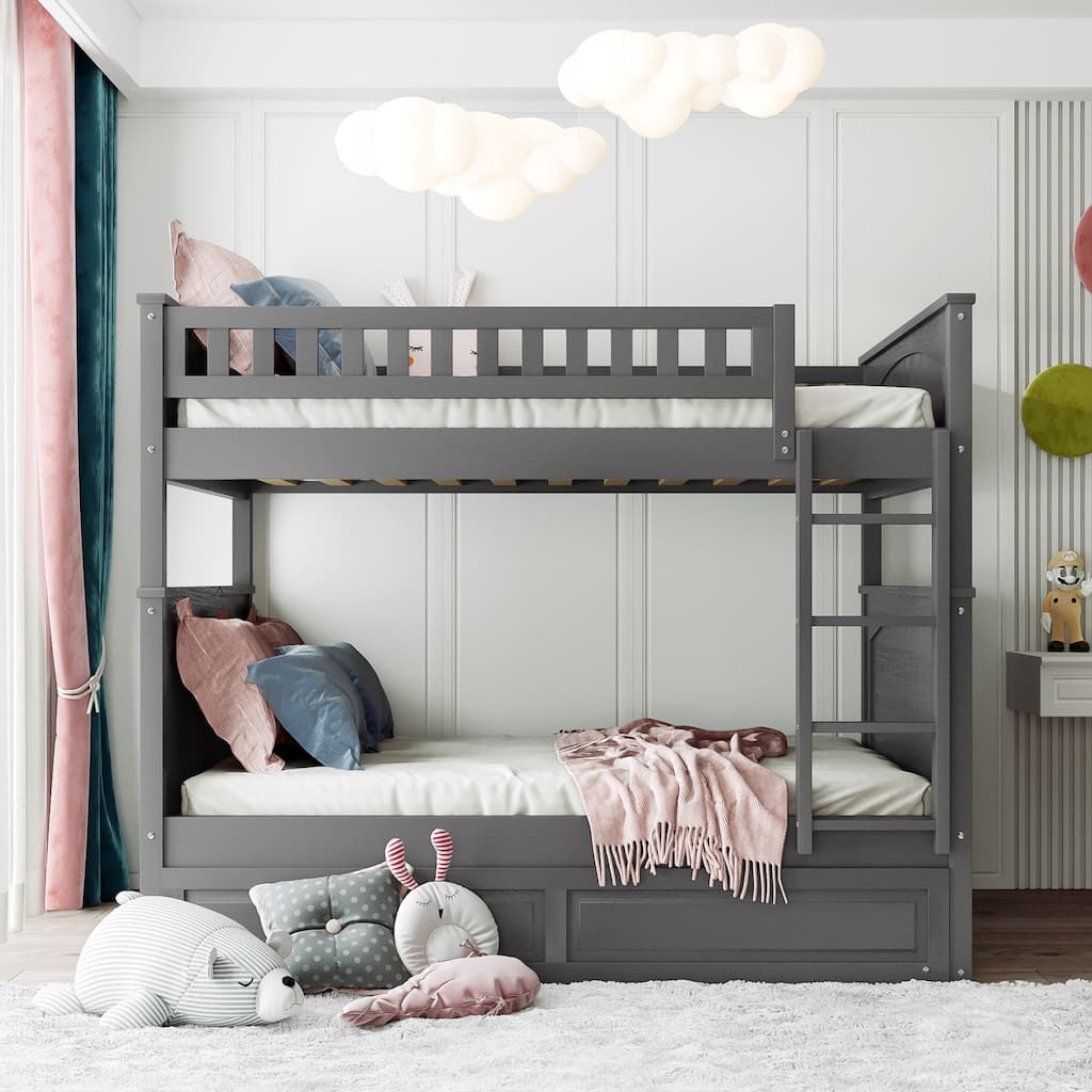 Full Over Full Bunk Bed Convertible into 2 Twin Size Platform Beds, Wood Panel Bed Frame wTrundle Bed, High Headboard Footboard