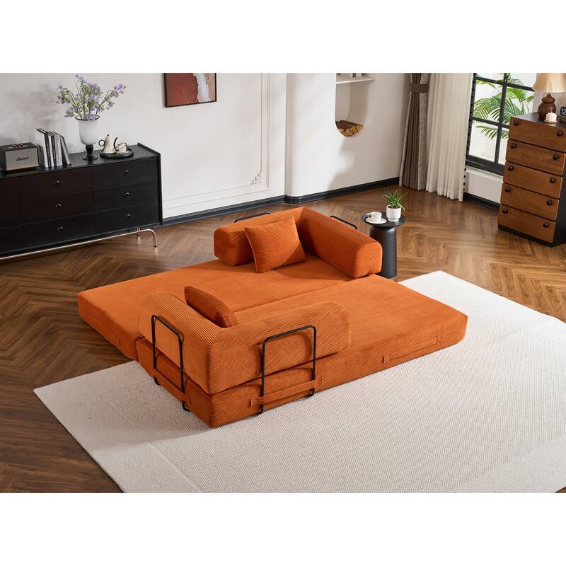 Convertible Sleeper Sofa Bed with Cylindrical Pillow, Corduroy Folding Mattress Couch with Fixed-Shape Frame