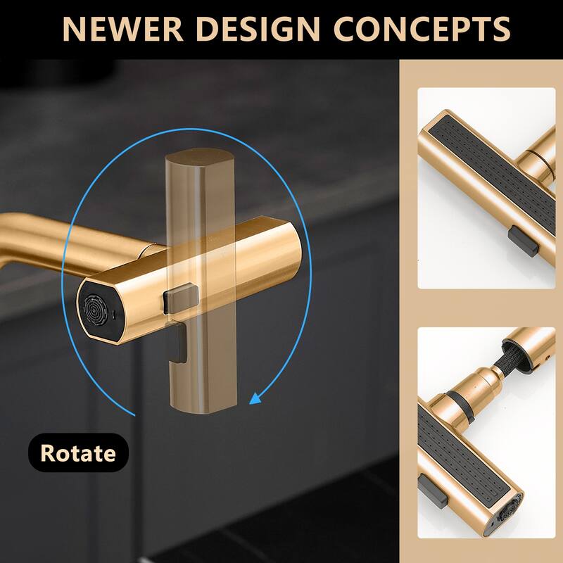 Brushed Gold Stainless Steel Pull-out Single Handle Wide Spray Kitchen Faucet