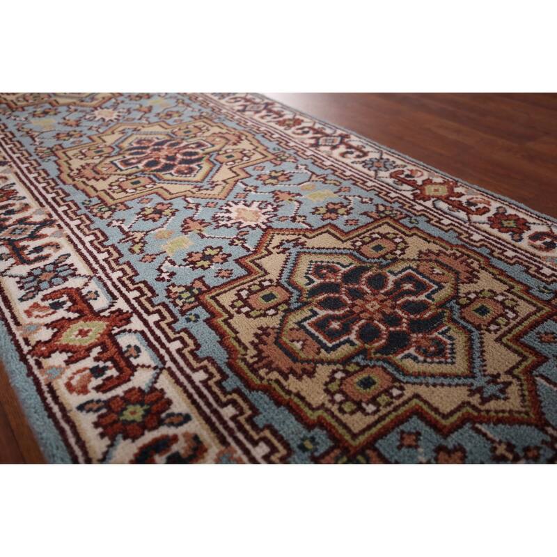 Light Blue Heriz Serapi Oriental Runner Rug Hand-Knotted Wool Carpet - 2'6"x 8'1"