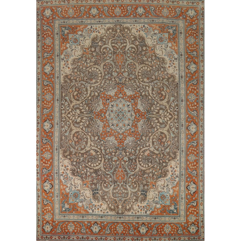 Brown Floral Tabriz Persian Area Rug Hand-Knotted Wool Carpet - 9'6"x 13'0"