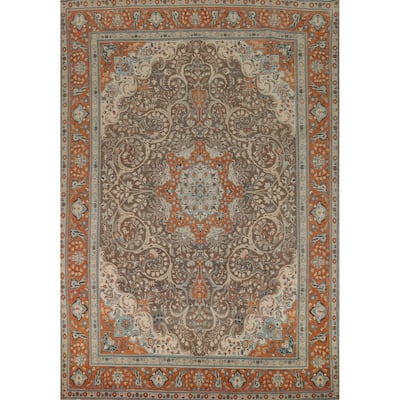 Brown Floral Tabriz Persian Area Rug Hand-Knotted Wool Carpet - 9'6"x 13'0"