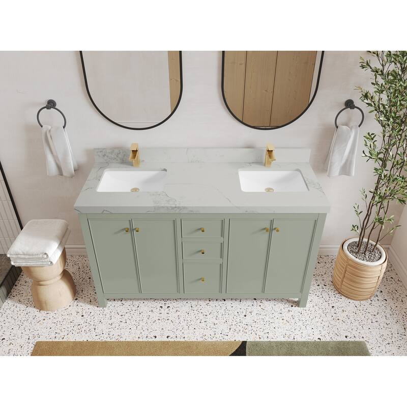Willow Collections 60 in. W x 22 in. D Chicago Double Sink Bathroom Vanity with Countertop - 2”Calacatta Nuvo - Evergreen