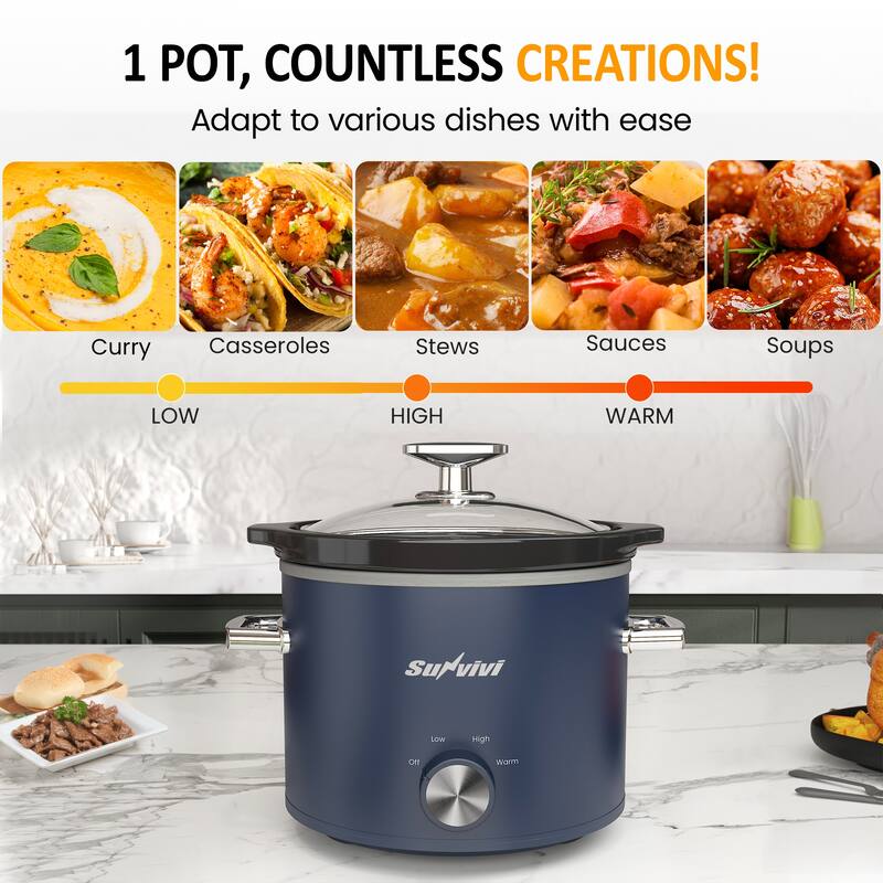 2QT Small Slow Cooker with 3 Heating Settings