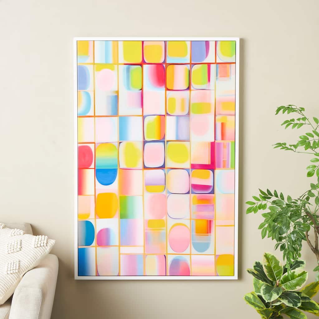 Multi Colored Canvas Ombre Square Pop Art Geometric Living Room Framed Wall Art with White Frame