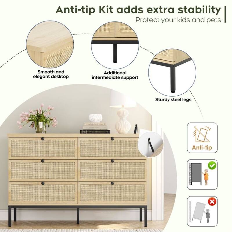 Boho Natural Rattan 6-Drawer Dresser
