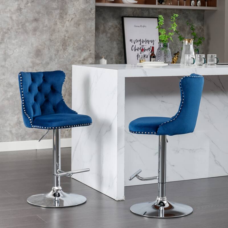 Roomfitters Swivel Velvet Bar Stools Set of 2, Adjustable Height Tufted Counter Chairs with Chrome Base and Nailhead Trim - Blue