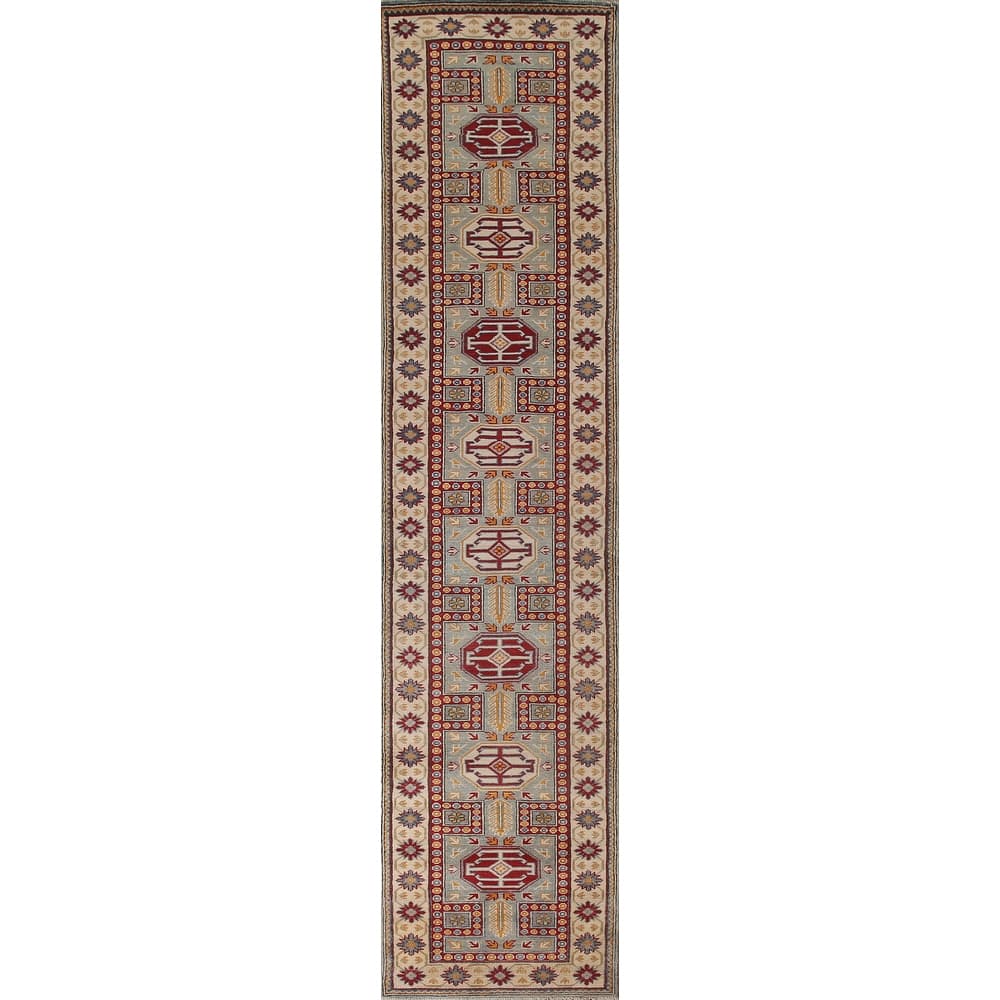 Traditional Blue Kazak Runner Rug Hand-Knotted Oriental Wool Carpet - 2'6" x 13'5"