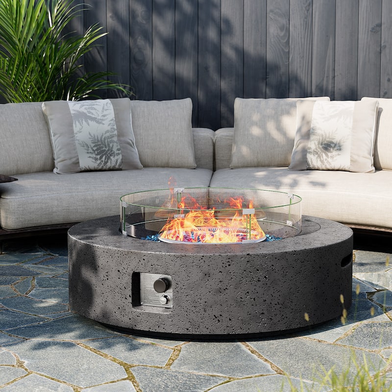 COSIEST 42'' Outdoor Round Propane Fire Pit w Wind Guard and Fire Glass