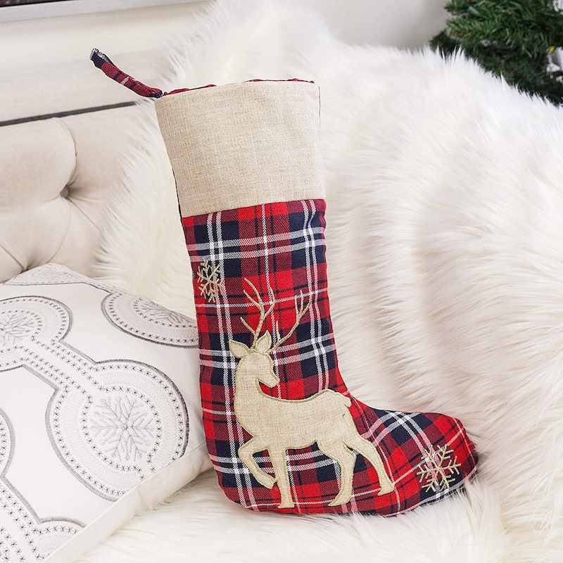 Homey Cozy Floral Velvet Embroidered Christmas Stocking - Plaid/Reindeer