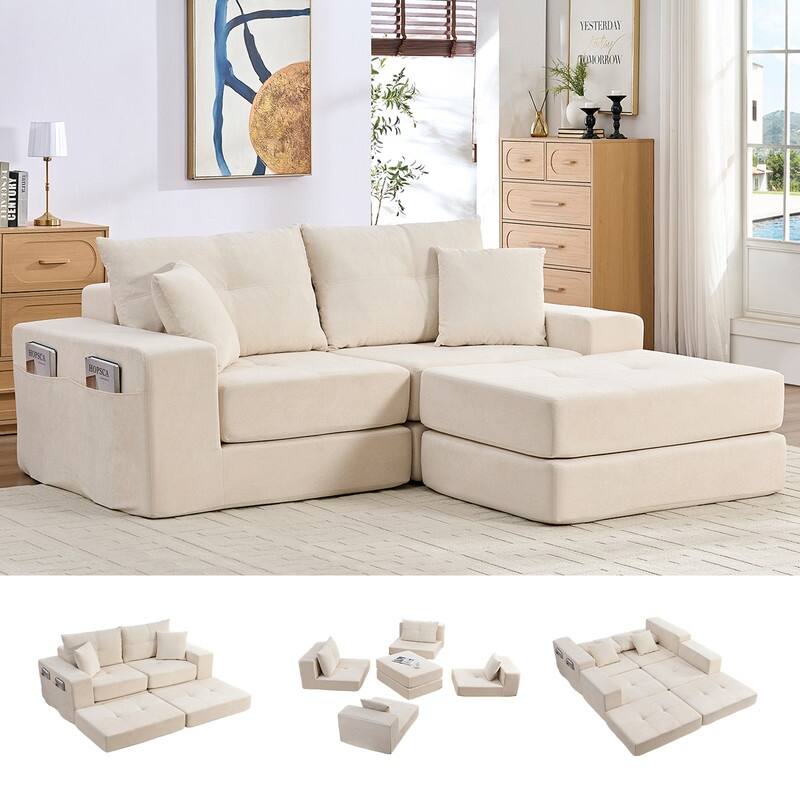 Mixoy 6-PCS Double Deep Seat Modular Sectional Sofa,Free Combinations Modern Chenille Sleeper Sofa Bed,No Assembly Required - Beige - Reversible