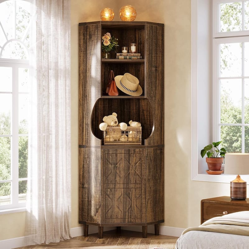 69.29-inch Tall Corner Cabinet, Mid Century Modern Kitchen Pantry with Doors and Adjustable Shelves - Brown