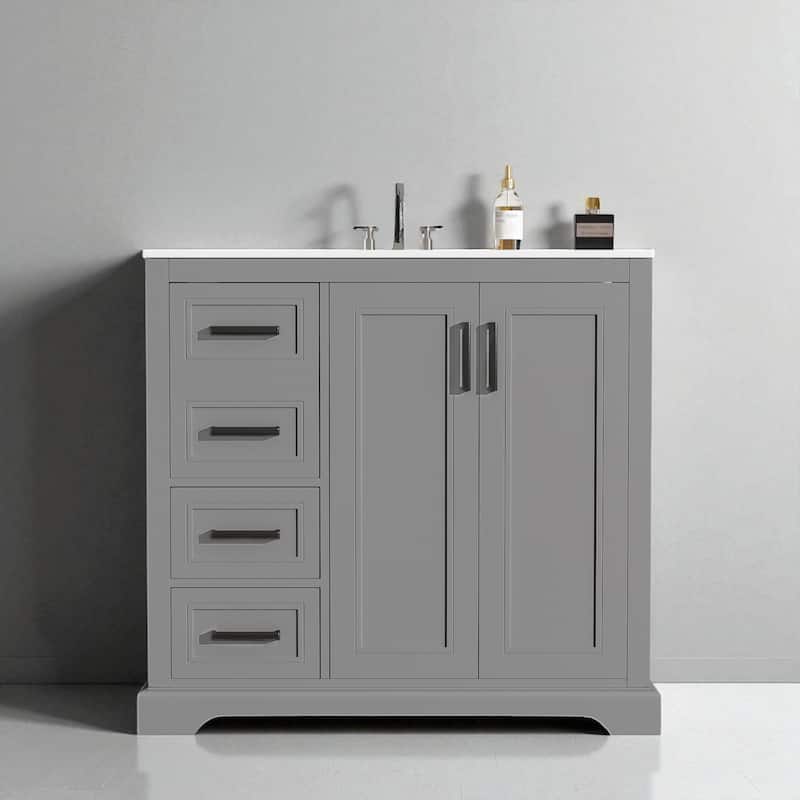 36" Modern Bathroom Vanity with Ceramic Sink, Soft-Close Doors & Ample Storage, 3 Drawers and Adjustable Shelf - Grey