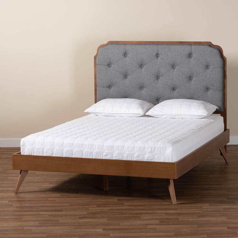 Lorana Mid-Century Modern Grey Fabric and Walnut Brown Wood Queen Size Platform Bed