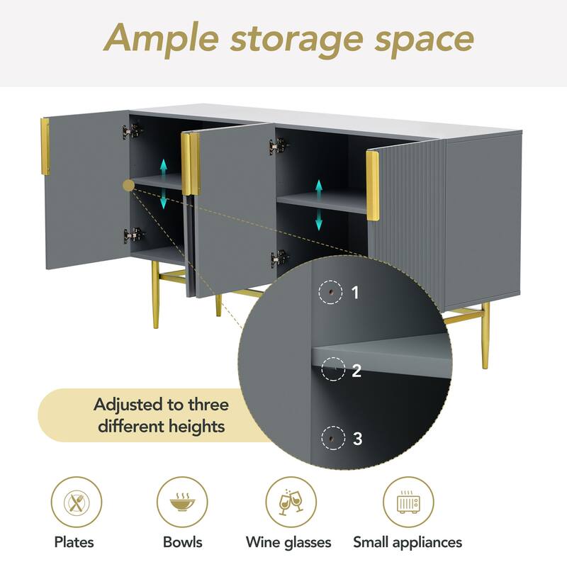 Stylish Sideboard Buffet Cabinet with Wavy Stripe Design, Gold Metal Legs, Ample Storage Space for Hallway, Living Room