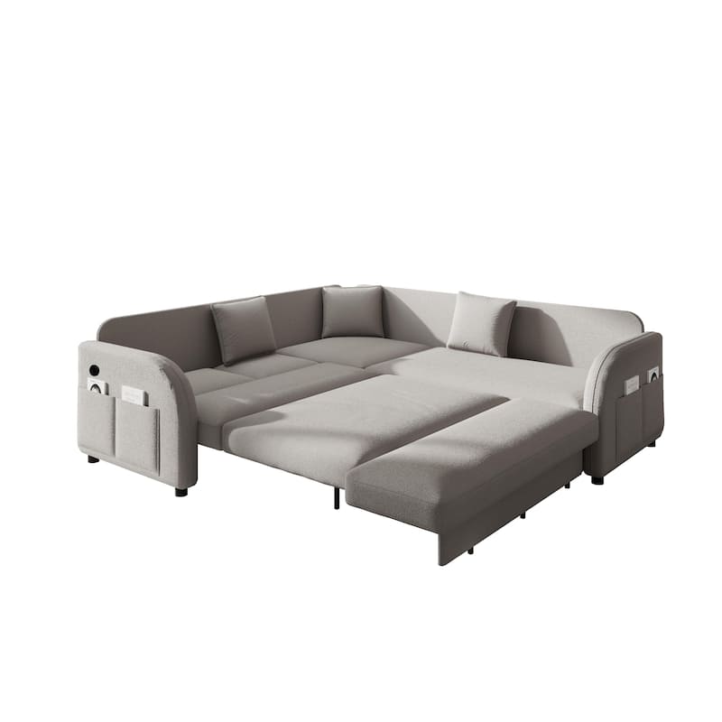 Sectional Sleeper Sofa with Pull Out Bed, Convertible Teddy Fabric Couch with Side Pockets & USB Ports, L Shaped Modular Couches