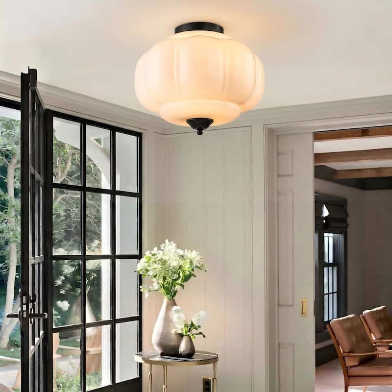 3-Light Transitional Metal & Glass Flush Mount with Charming Pumpkin Milk Glass Shade for Living Room - 15 in. W x 13 in. H